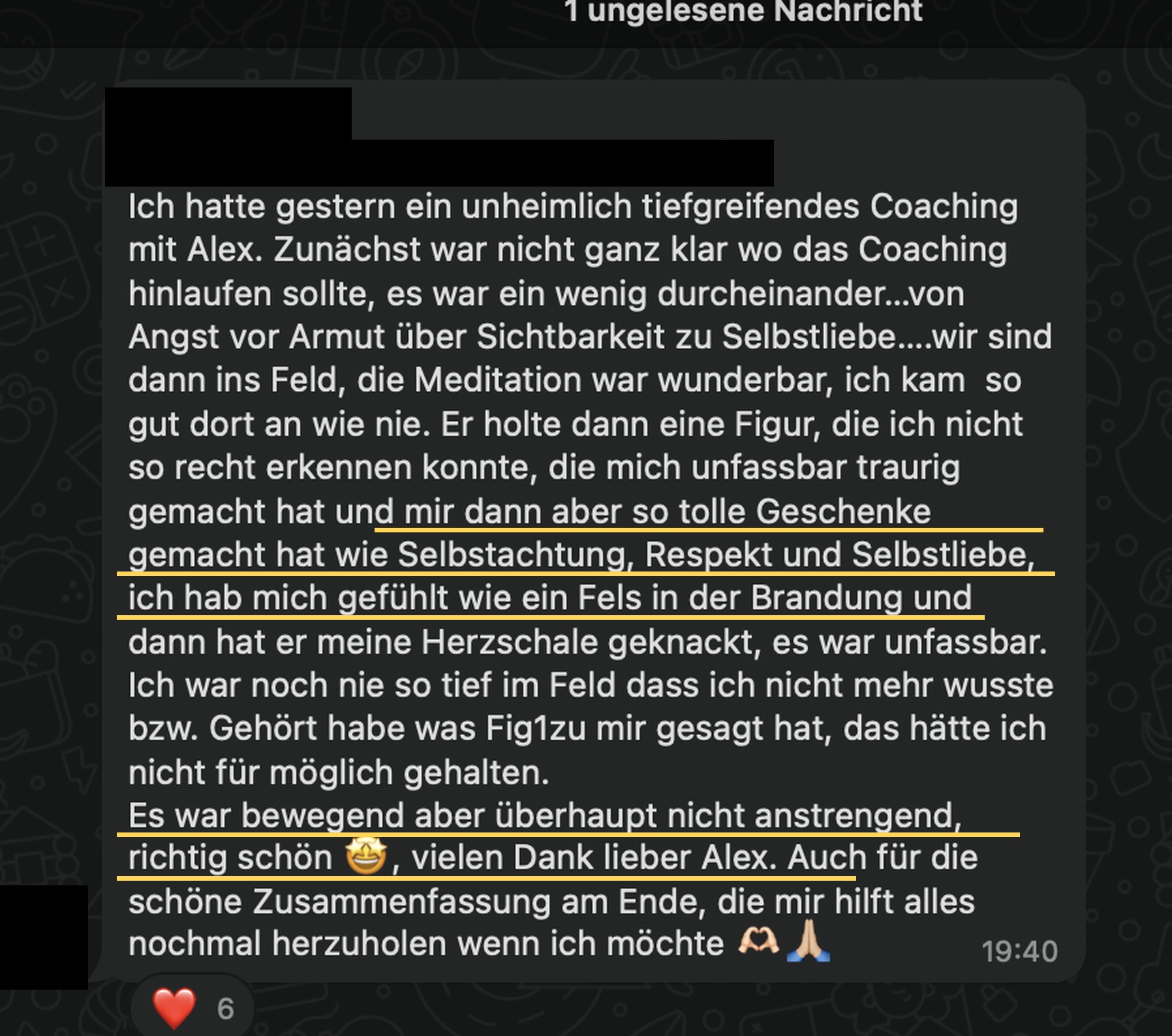 WhatsApp-Nachricht einer Kundin nach einer Tiefensession