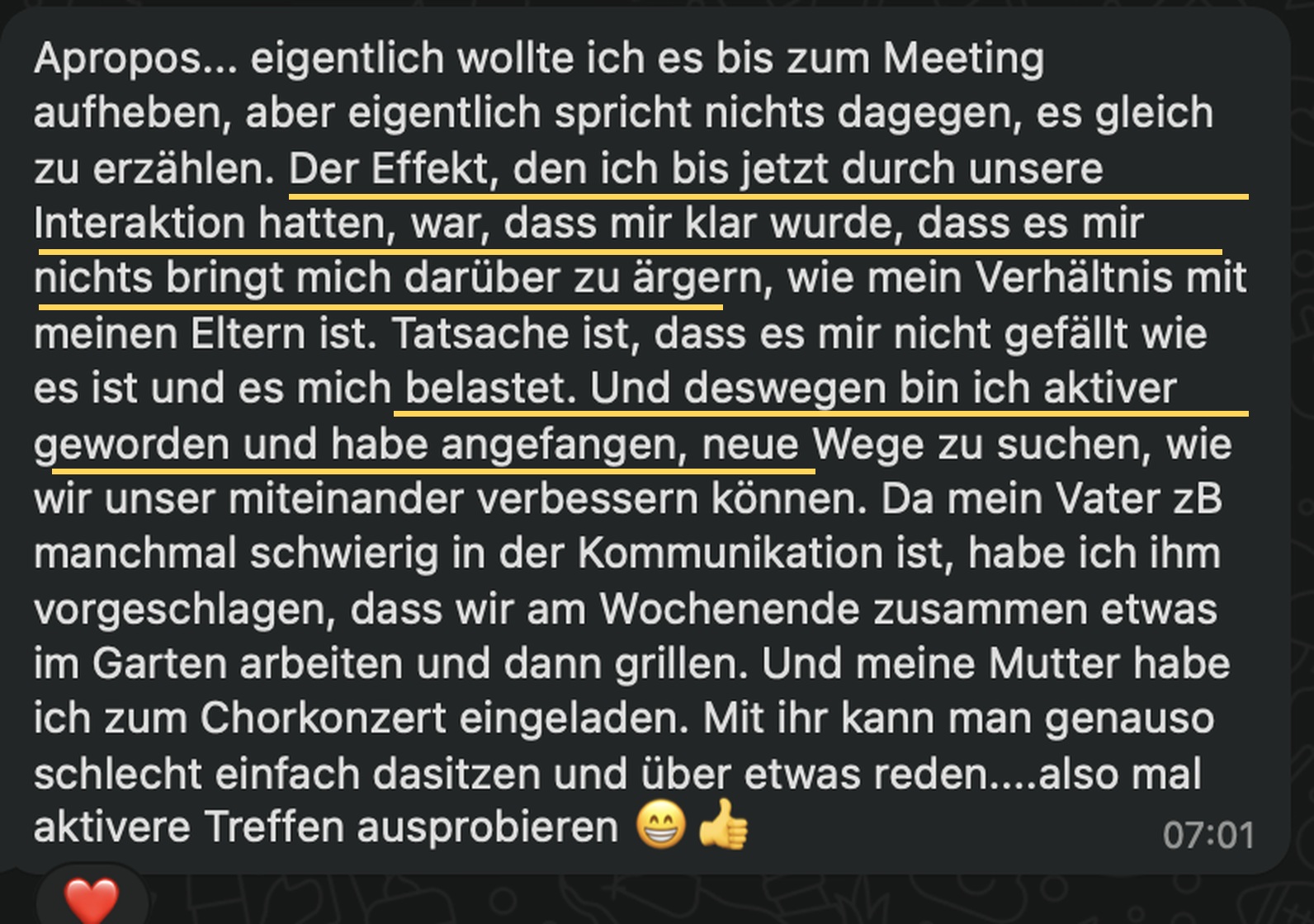 WhatsApp-Nachricht einer Kundin über das Verhältnis zu ihren Eltern